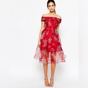 Off-Shoulder Red Floral Midi Dress